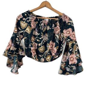 Iris Floral Off Shoulder Blouse Trumpet Sleeves Blue Pink Medium